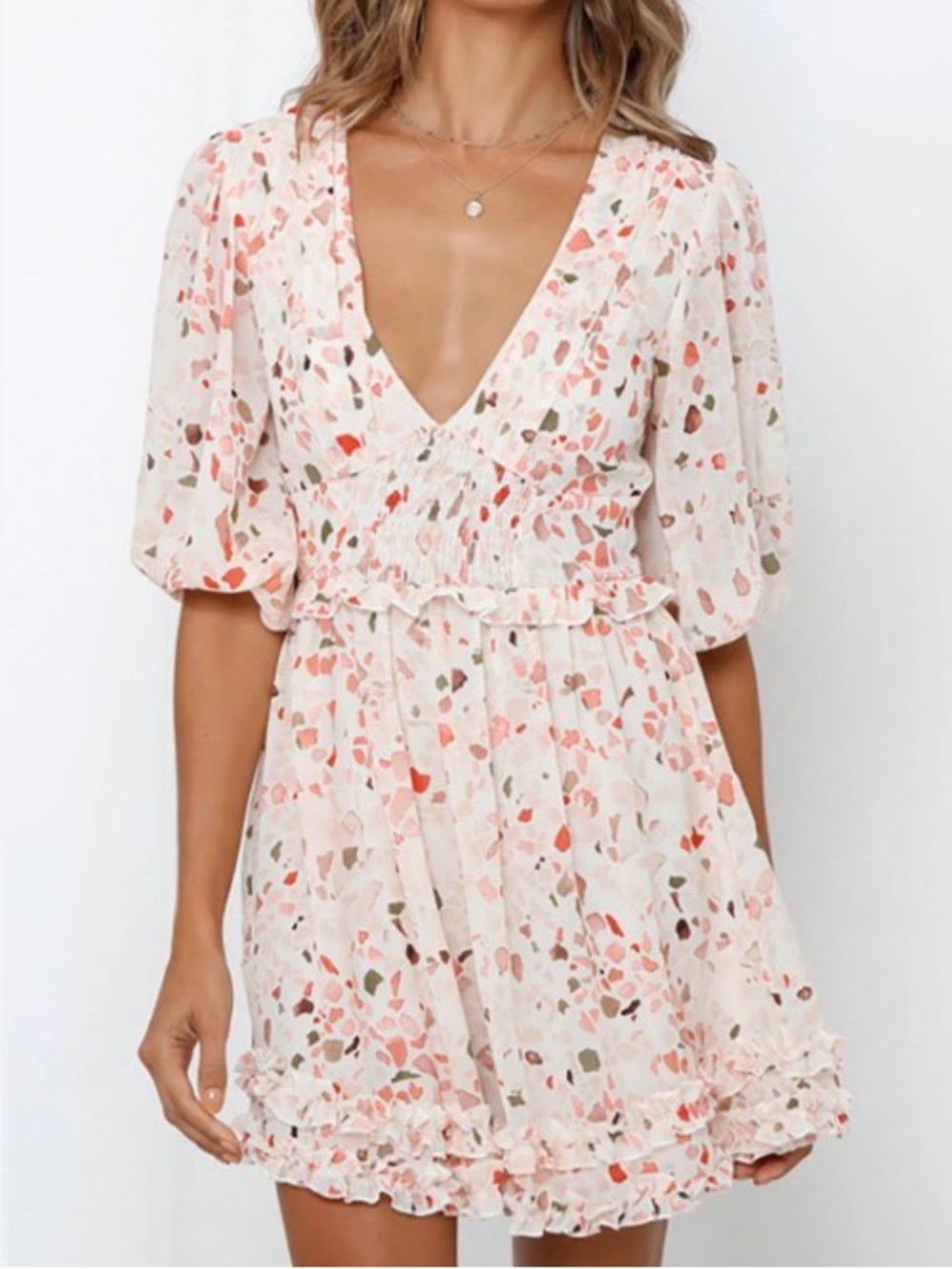 Aachhae NWT Floral Smocked V-Neck Mini Dress in Blush Pastels